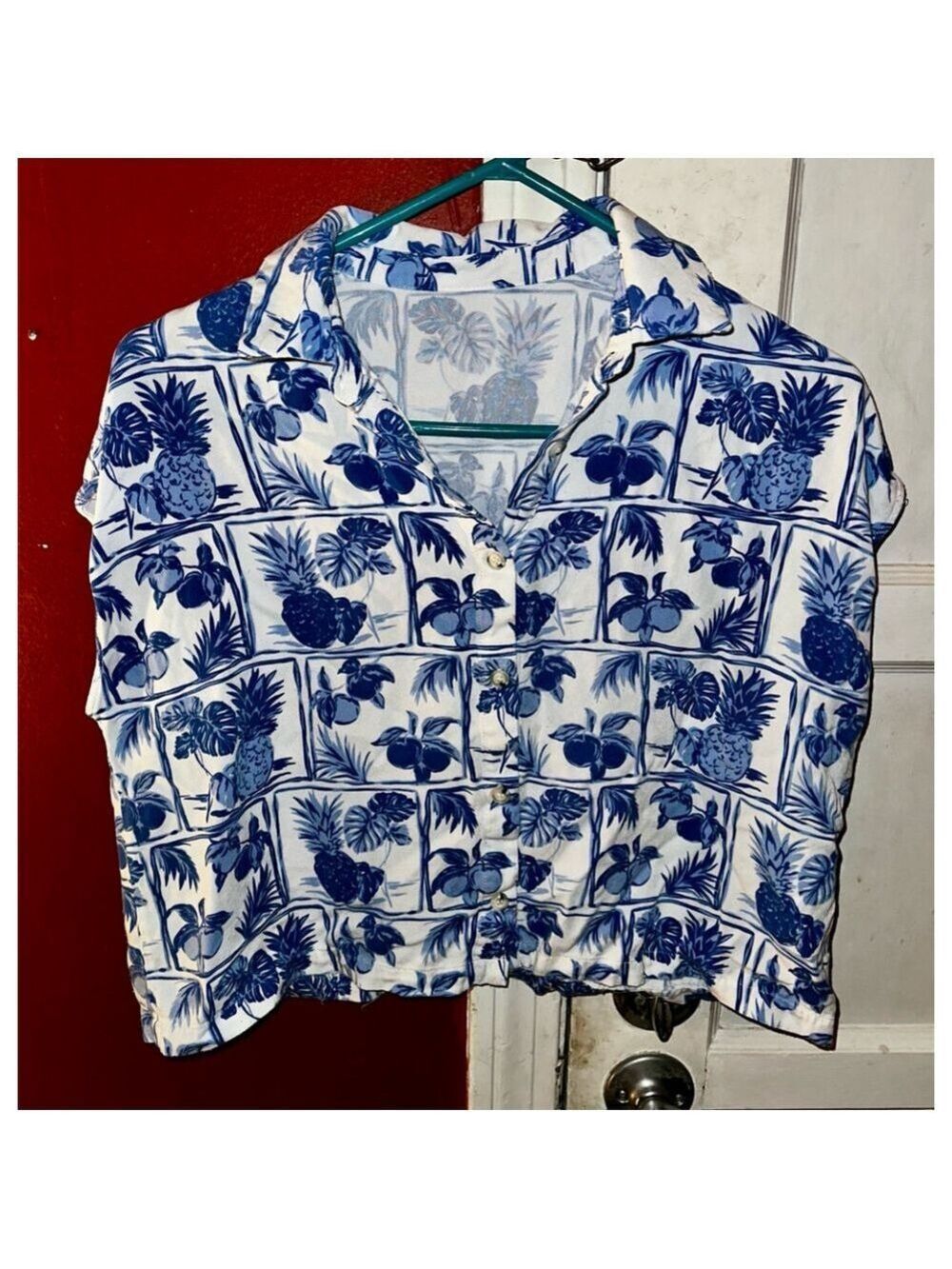 Rose & Olive Blue White Hawaiian Novelty Fruit Cropped Cap Sleeve Shirt - Picture 5 of 8